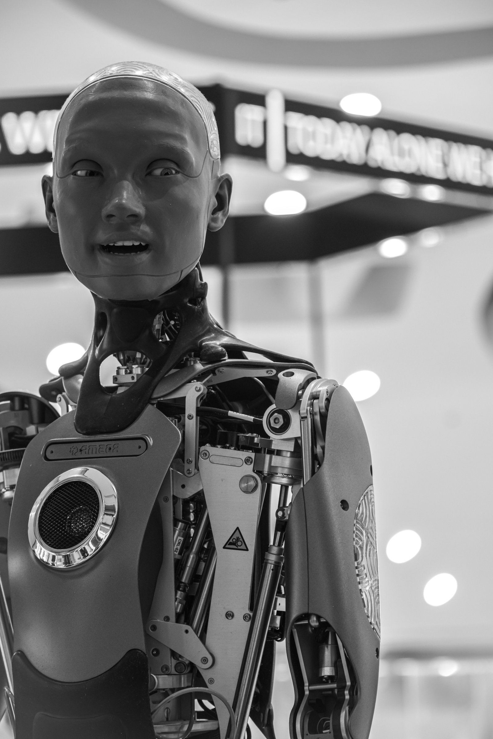 Close-up of a humanoid AI robot, mid-expression